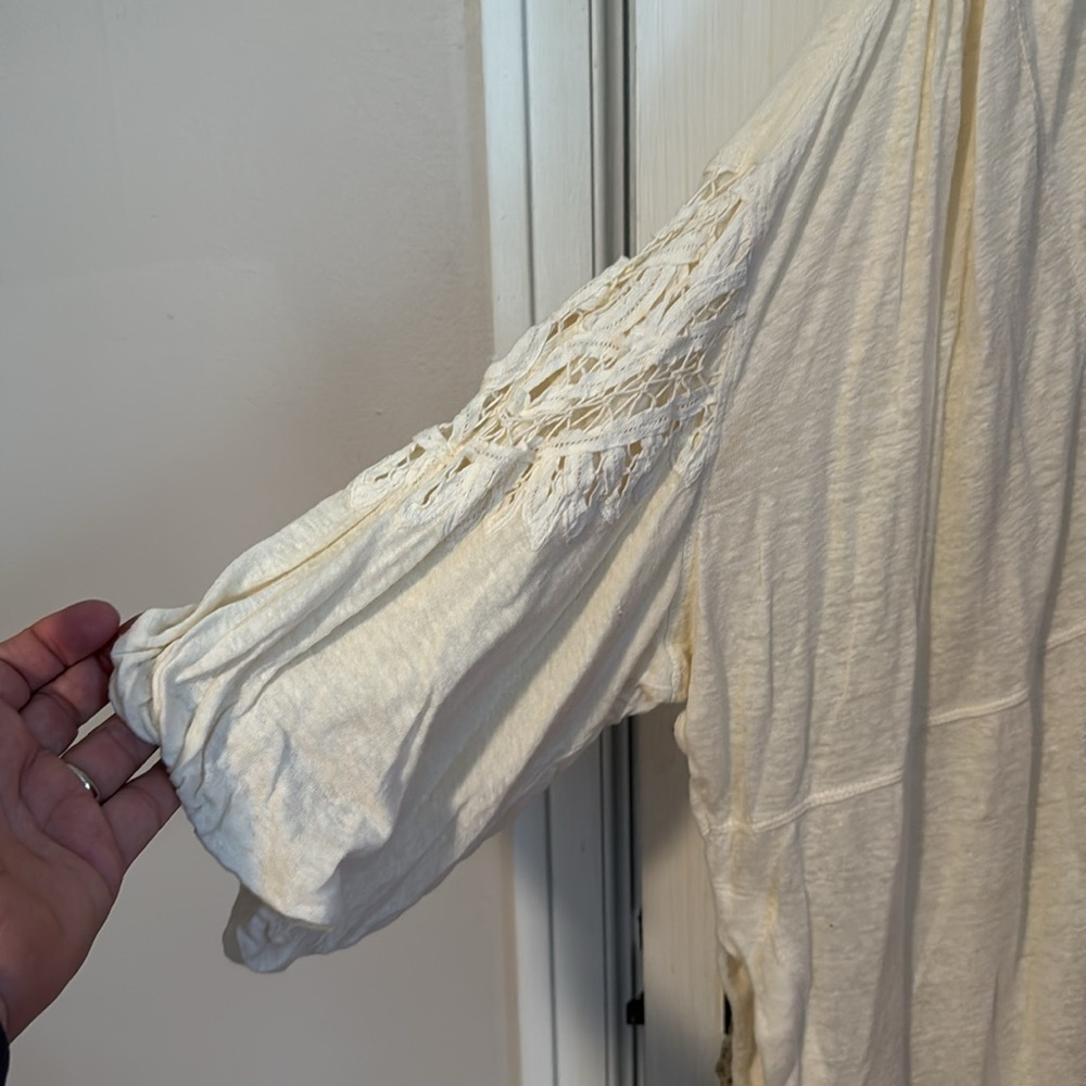 Free People Button Up Oversized Cream Color Shirt with Embroidered Front/Back - Picture 5 of 13